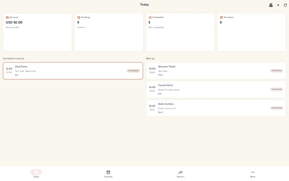 Sukoon's Today screen on desktop: revenue, bookings, completed and no-show counts, the client in service and the next bookings.